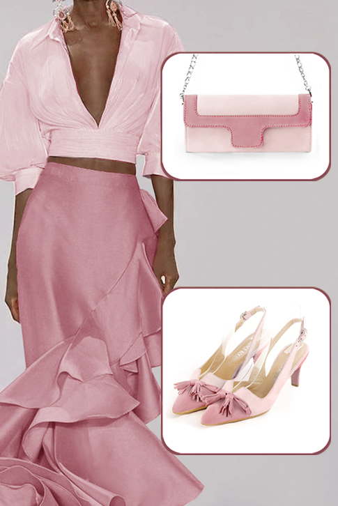 Women's carnation pink and light pink elegant slingback heels, with a bow on the front. Tapered toe. Medium slim heel - Worn view